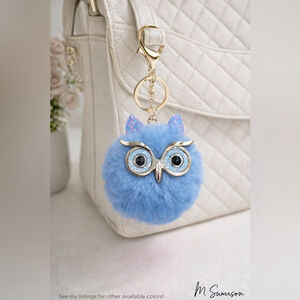 NEW Fluffy Owl Pom Keychain Charm Light Blue Gold
